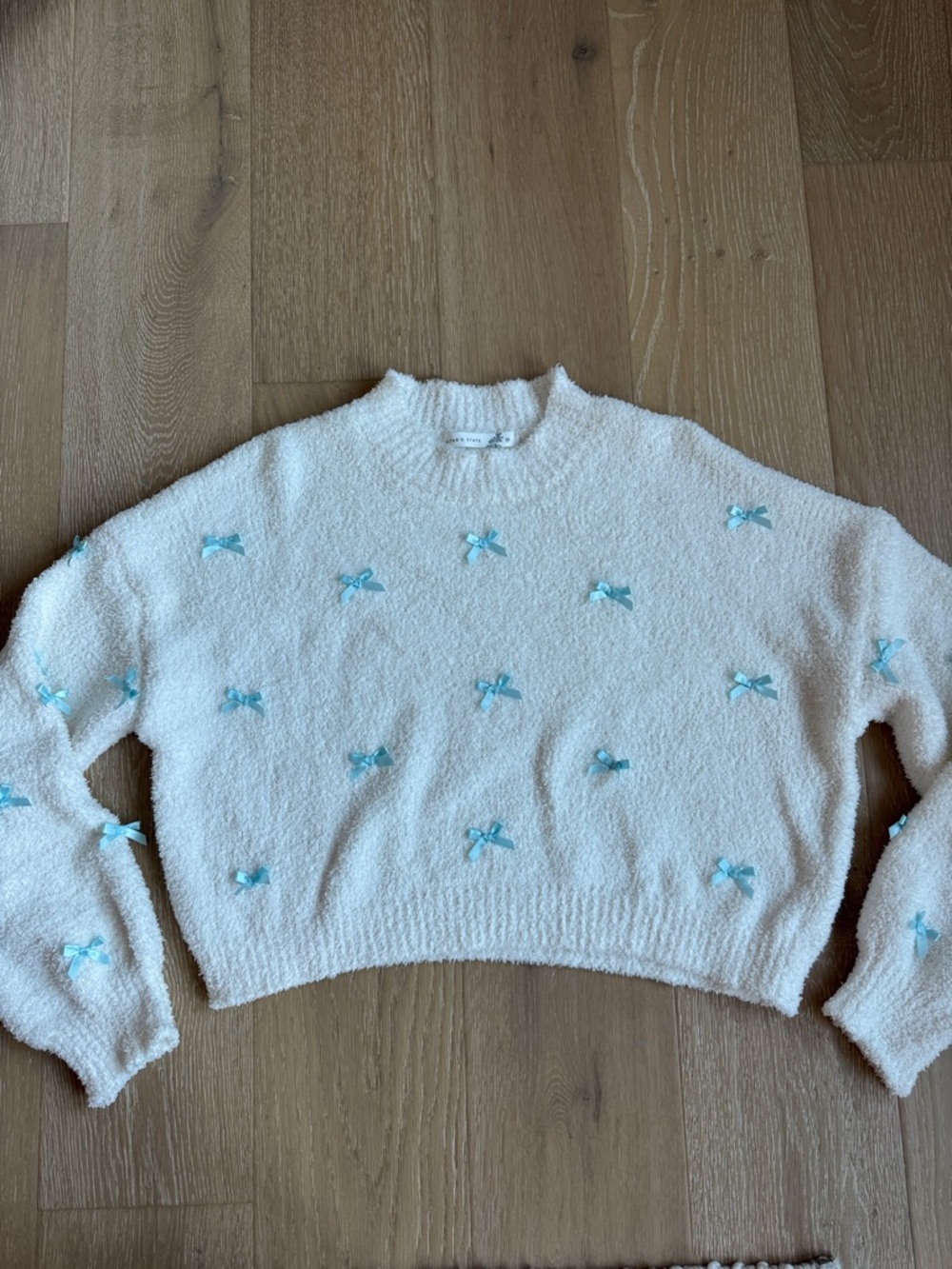 Altar'd State Cream Bouclé Crewneck Sweater with Light Blue Bows